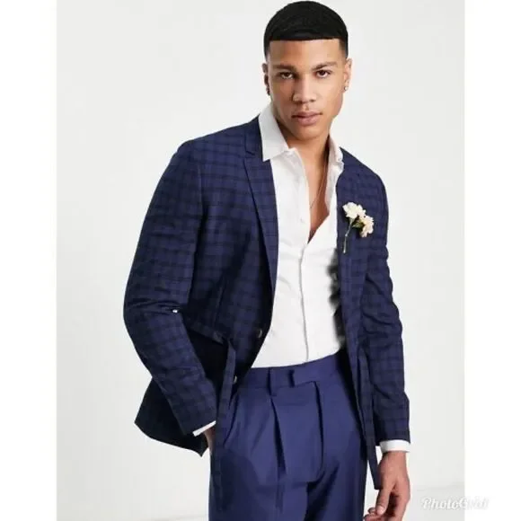 ASOS DESIGN skinny suit belted jacket with dark blue windowpane check